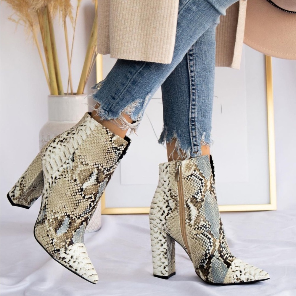 Pointy Toe Snakeskin Embossed Booties in Snake - Picture 8 of 8